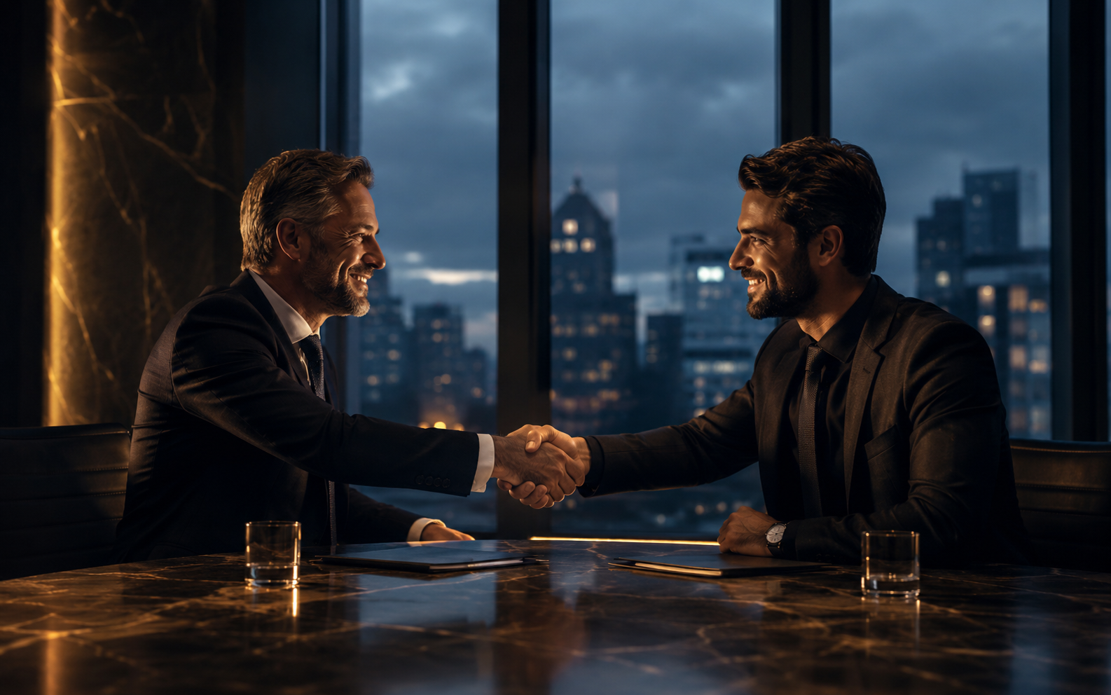 Two business partners shaking hands across a conference table at dusk, city skyline visible through the window